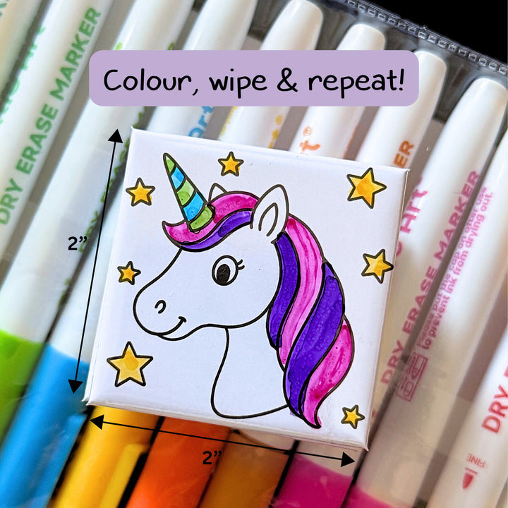 Reusable animal colouring magnet showing colour, wipe and repeat