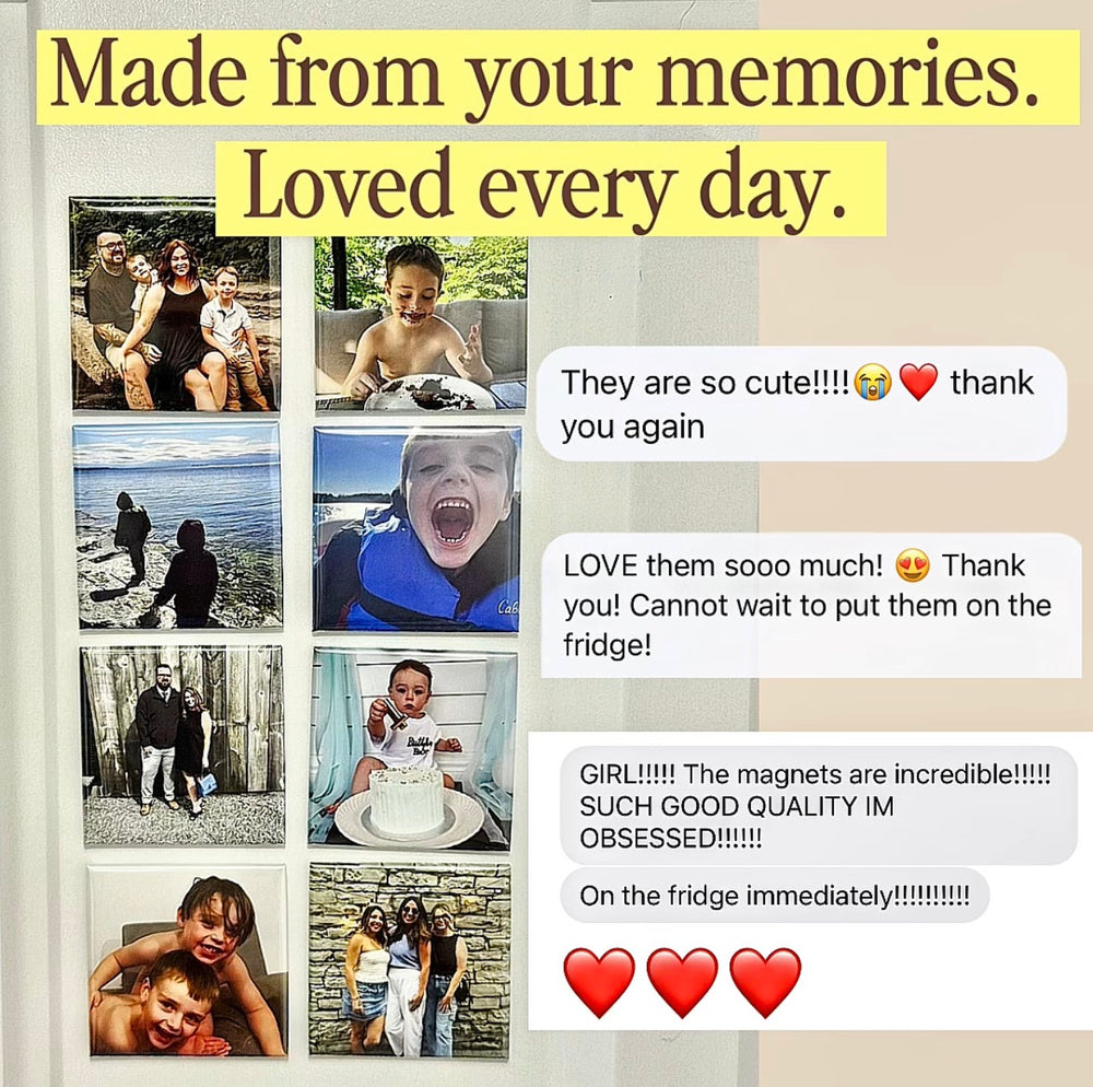 Customer messages praising custom photo magnets displayed in a family photo grid