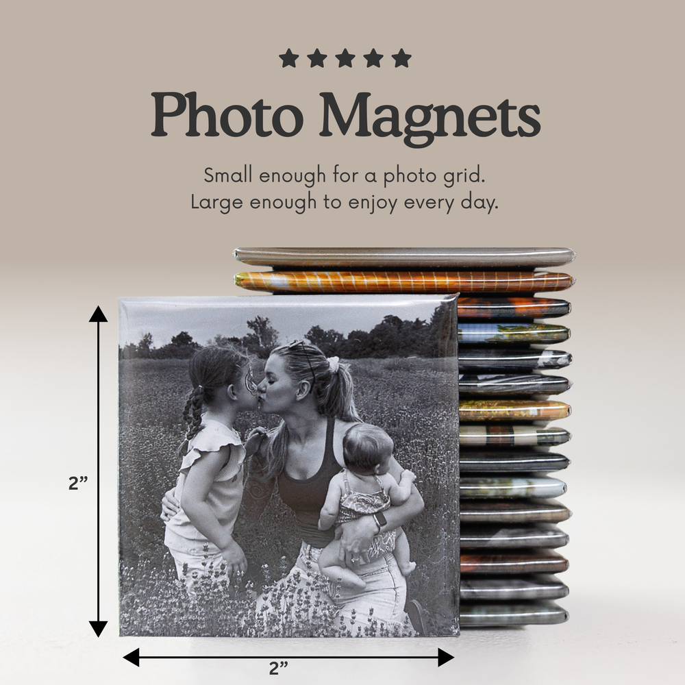 Custom 2×2 inch square photo magnet shown with size measurements