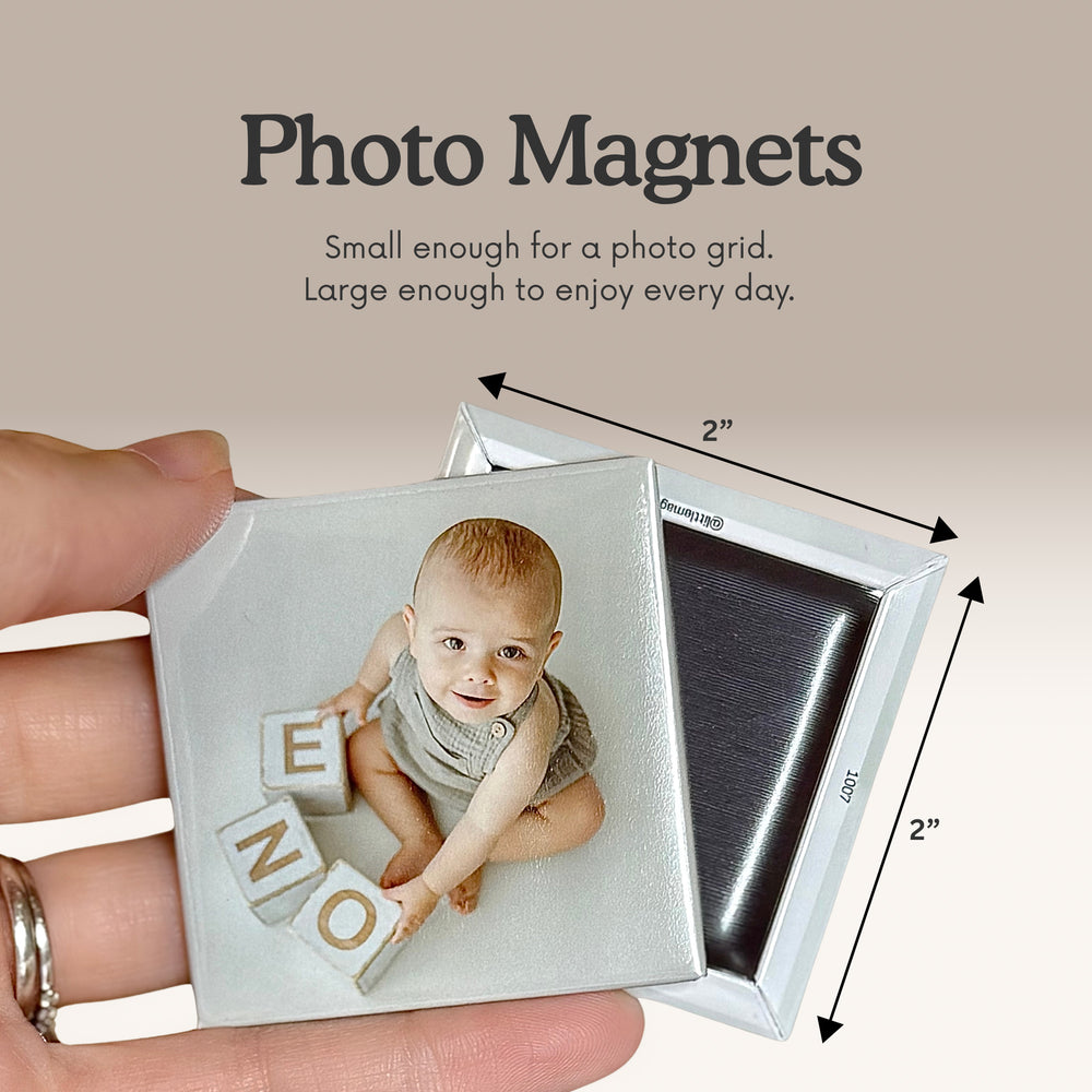 Front and magnetic back of a lightweight custom 2×2 photo magnet with size measurements