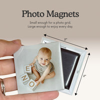 Front and magnetic back of a lightweight custom 2×2 photo magnet with size measurements