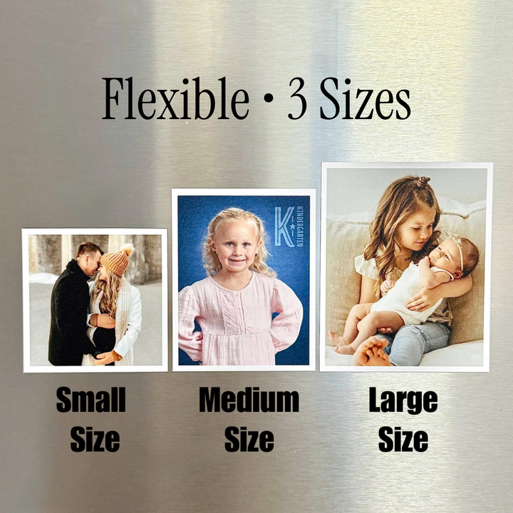 Small, medium and large flexible photo magnets displayed together on a refrigerator