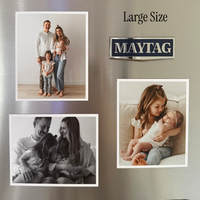 Large 3.25 by 4-inch custom flexible photo magnet displayed on a refrigerator