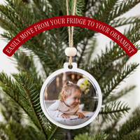 Round photo magnet displayed inside an interchangeable Christmas ornament