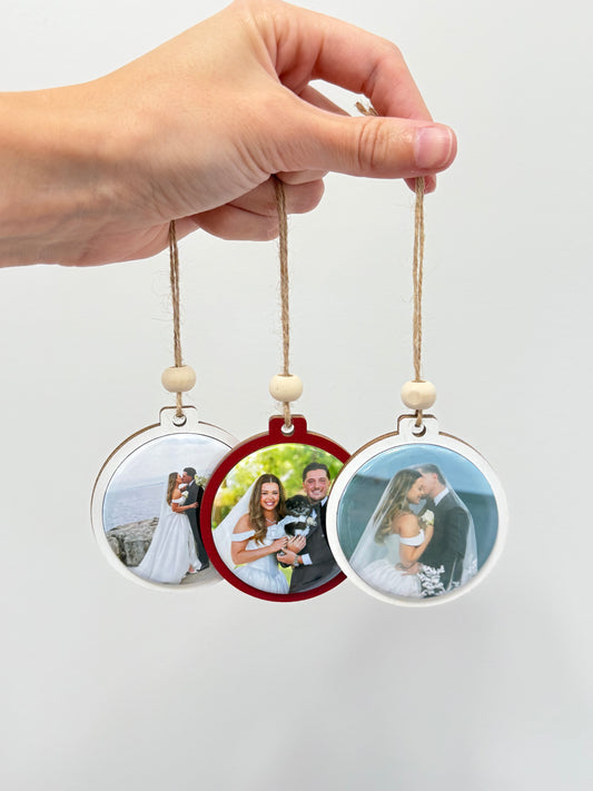Christmas ornaments custom with photos of wedding couple