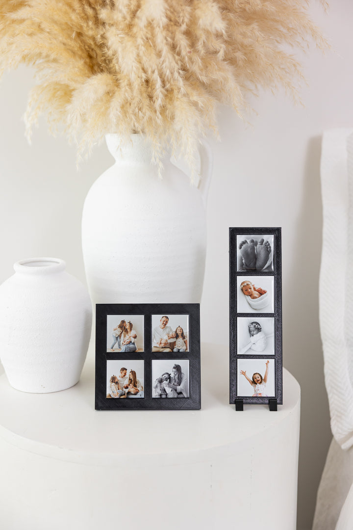 Square and rectangle 3-in-1 magnet frames displayed with custom family photo magnets