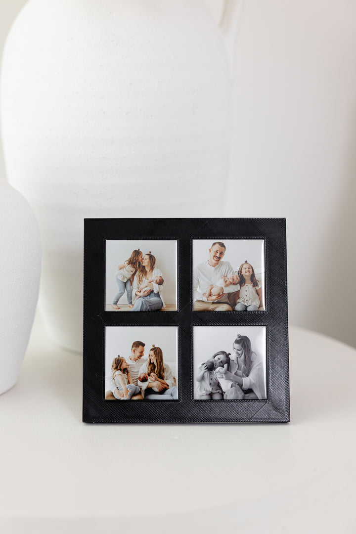 Square tabletop magnet frame displaying four custom 2×2-inch family photo magnets