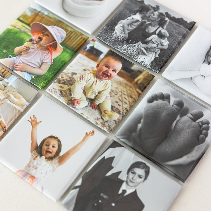 Square custom photo magnets made from family photographs