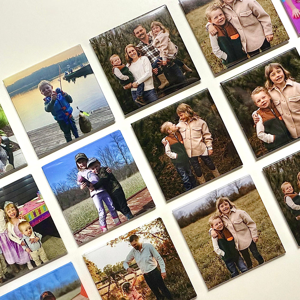 Lightweight custom 2×2 photo magnets arranged in a family photo grid