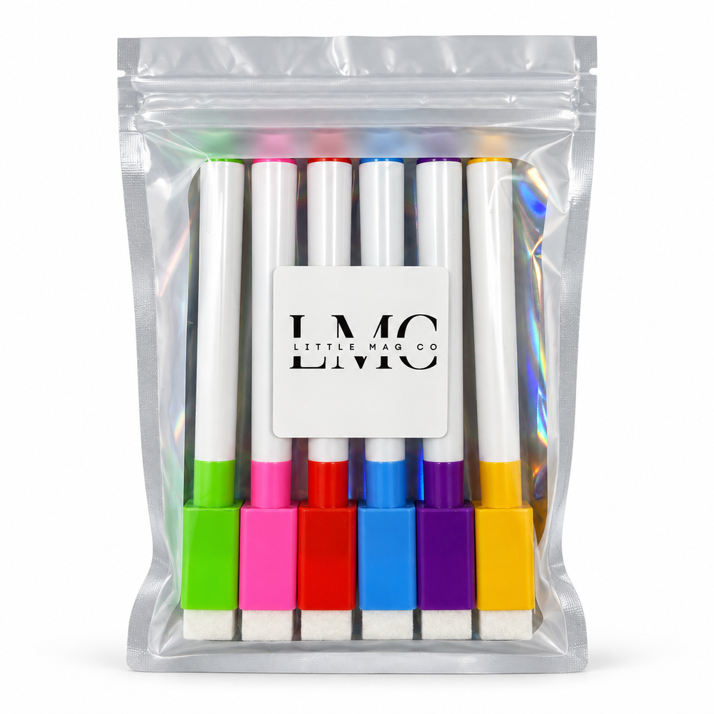 6-pack of assorted-colour dry-erase markers in Little Mag Co packaging