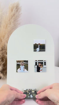 Phone tapping a personalized 2×2 NFC photo magnet to open a linked digital memory